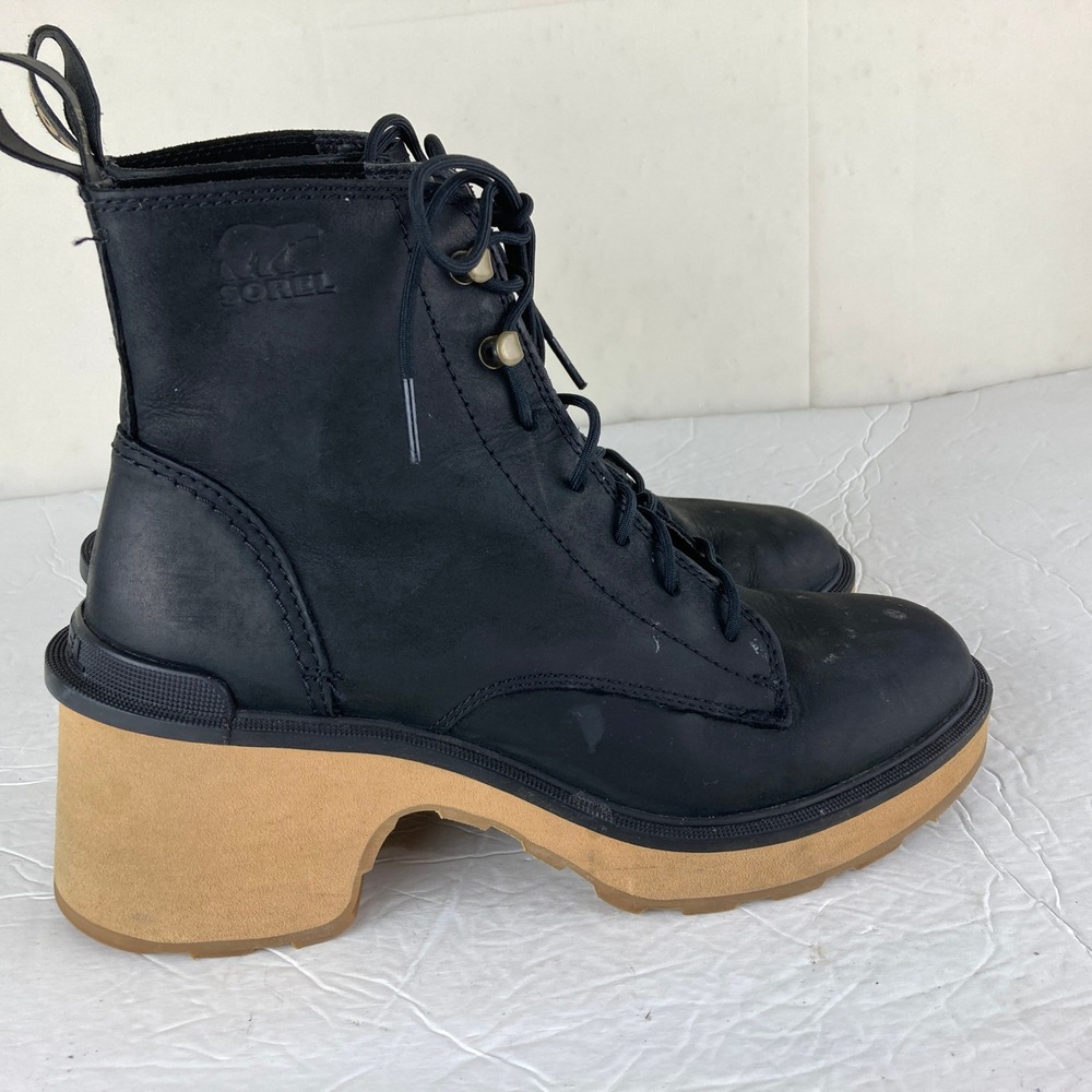 Sorel Hi-Line Heel Lace Boots Women Sz 8 Black Leather Ankle Block Heel - Picture 6 of 9
